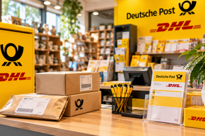 Postschalter mit Paketen und Deutsche-Post- und DHL-Beschilderung