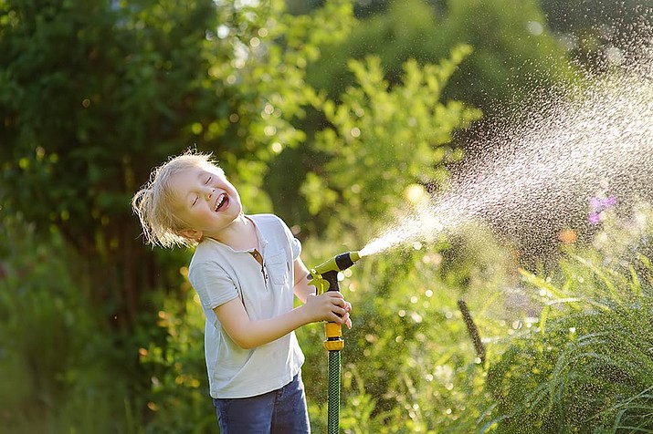 Funny little boy playing with garden hose in sunny backyard